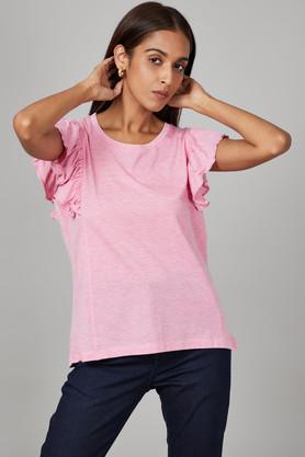 solid cotton round neck women's t-shirt - pink mix