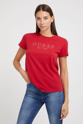 solid cotton round neck women's t-shirt - ribbon red