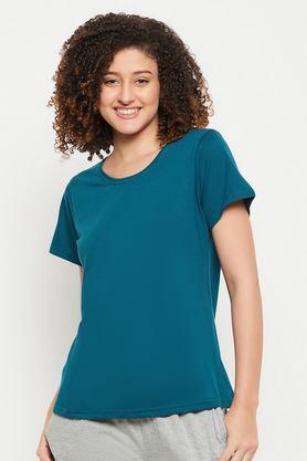 solid cotton round neck women's t-shirt - teal