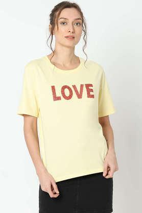 solid cotton round neck women's t-shirt - yellow