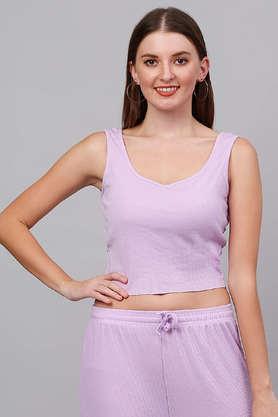 solid cotton round neck women's top - purple