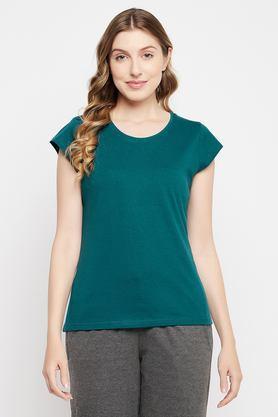 solid cotton round neck women's top - teal