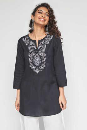 solid cotton round neck women's tunic - black