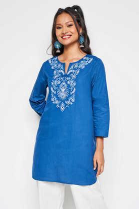 solid cotton round neck women's tunic - mid blue