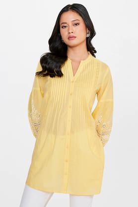solid cotton round neck women's tunic - yellow