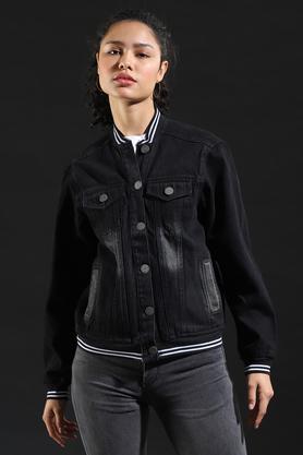 solid cotton round neck womens casual jacket - black