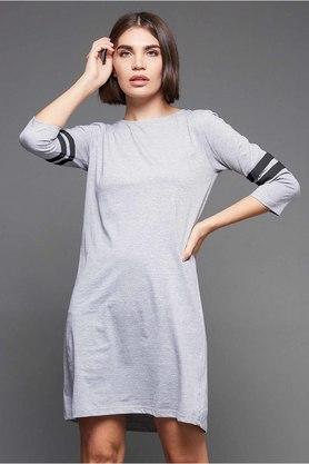 solid cotton round neck womens knee length dress - grey