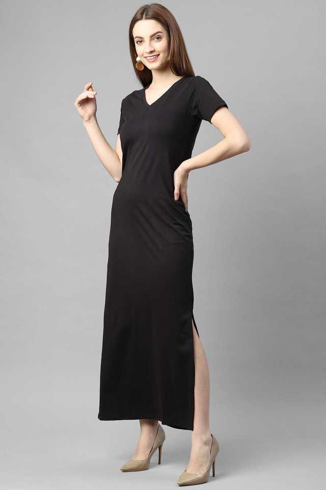 solid cotton round neck womens maxi dress