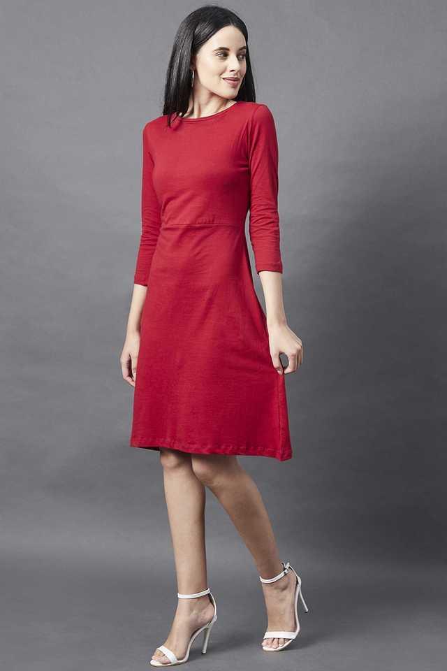 solid cotton round neck womens midi dress