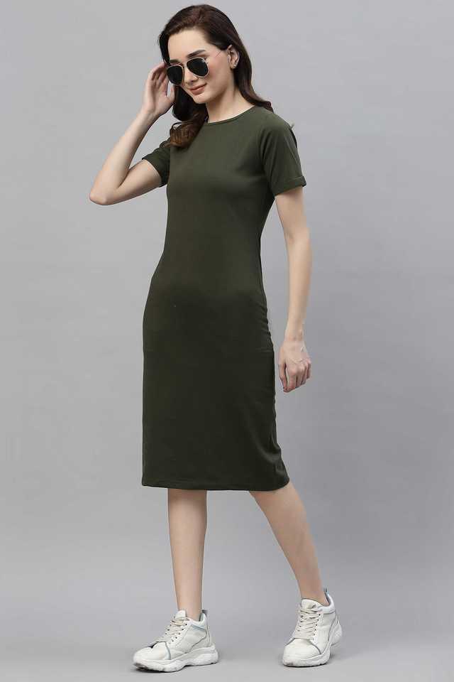 solid cotton round neck womens mini dress