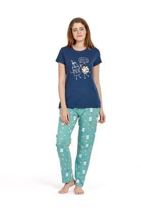 solid cotton round neck womens sleepwear set - navy