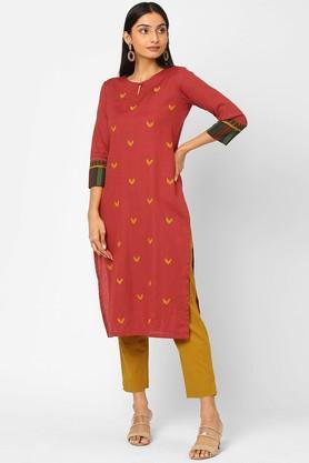 solid cotton round neck womens straight kurta - maroon