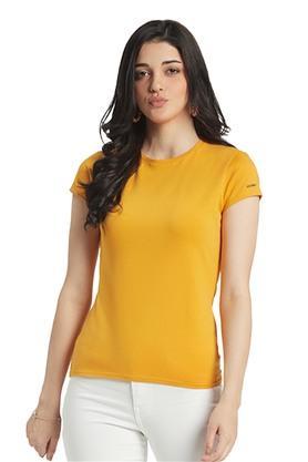 solid cotton round neck womens t-shirt - mustard