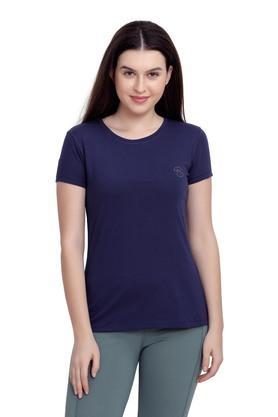 solid cotton round neck womens t-shirt - navy