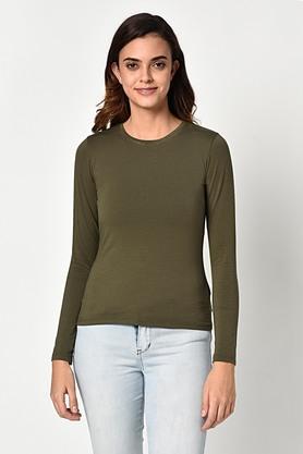 solid cotton round neck womens t-shirt - olive
