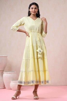 solid cotton round neck womens tiered dress - yellow