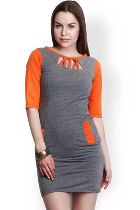 solid cotton scoop neck women's knee length dress - grey