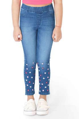 solid cotton skinny fit girls jeggings - blue