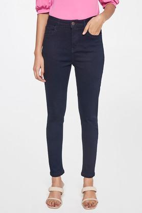 solid cotton skinny fit women's casual pants - indigo