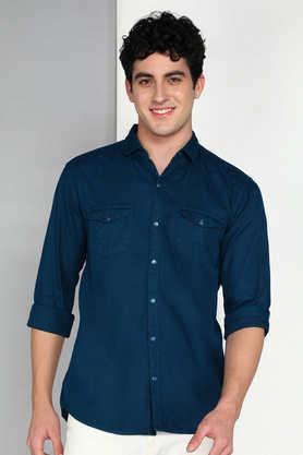 solid cotton slim fit men's casual shirt - blue