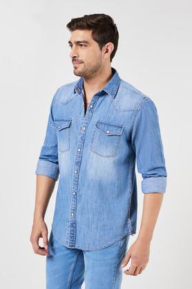 solid cotton slim fit men's casual shirt - indigo