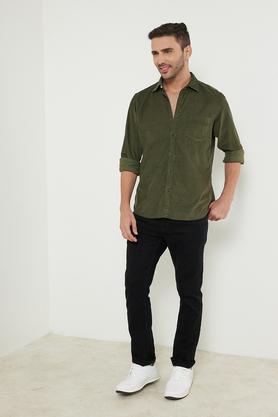 solid cotton slim fit men's casual shirt - olive