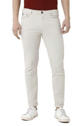 solid cotton slim fit men's casual trousers - cream