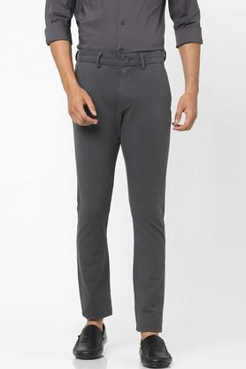 solid cotton slim fit men's casual trousers - dark grey