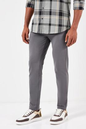 solid cotton slim fit men's casual trousers - dark grey