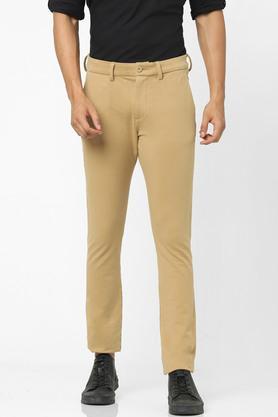 solid cotton slim fit men's casual trousers - natural