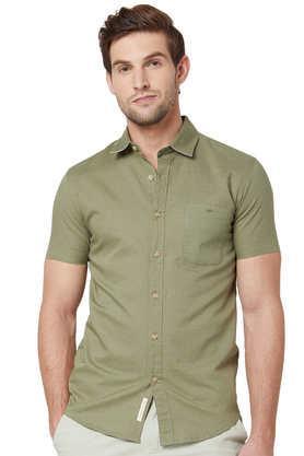 solid cotton slim fit men's casual wear shirt - green