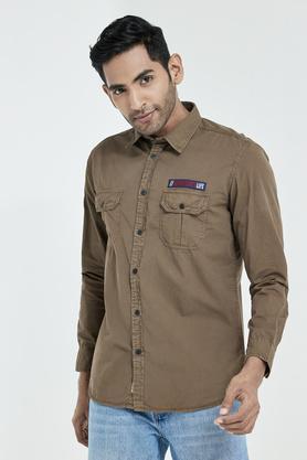 solid cotton slim fit men's shirt - khaki