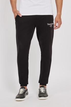 solid cotton slim fit men's track pants - black
