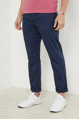 solid cotton slim fit men's track pants - navy