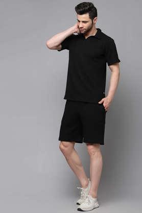 solid cotton slim fit waffle knit men's co-ord set - black