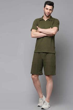 solid cotton slim fit waffle knit men's co-ord set - olive