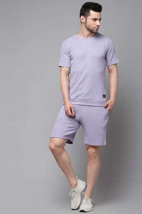 solid cotton slim fit waffle knit men's co-ord set - purple