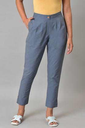 solid cotton slim fit women's casual pants - grey