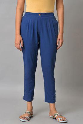 solid cotton slim fit women's casual pants - navy