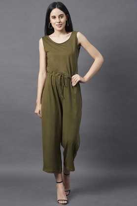 solid cotton slim fit women's jumpsuit - green