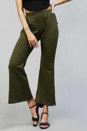 solid cotton slim fit women's pants - green