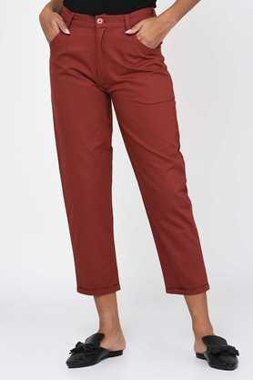 solid cotton slim fit women's pants - maroon