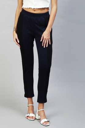 solid cotton slim fit women's pants - navy