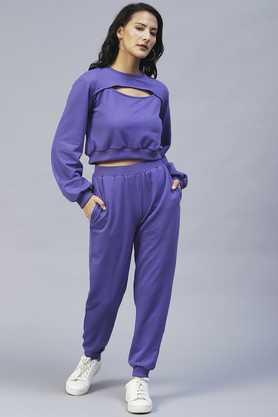 solid cotton slim fit women's tracksuit - purple