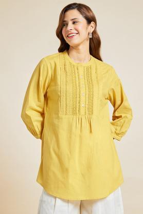 solid cotton slub mandarin women's casual wear tunic - mustard