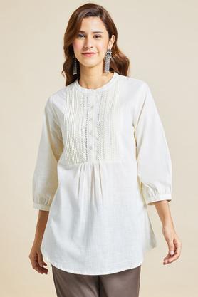 solid cotton slub mandarin women's casual wear tunic - off white