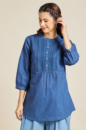 solid cotton slub mandarin women's casual wear tunic - teal