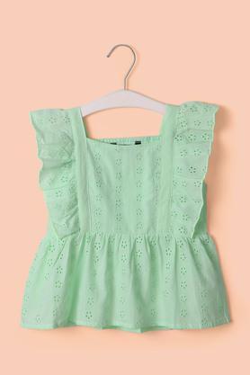 solid cotton square neck girl's top - green