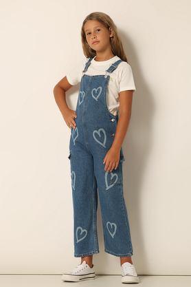 solid cotton square neck girls casual wear jumpsuit - blue