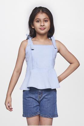 solid cotton square neck girls top - light blue